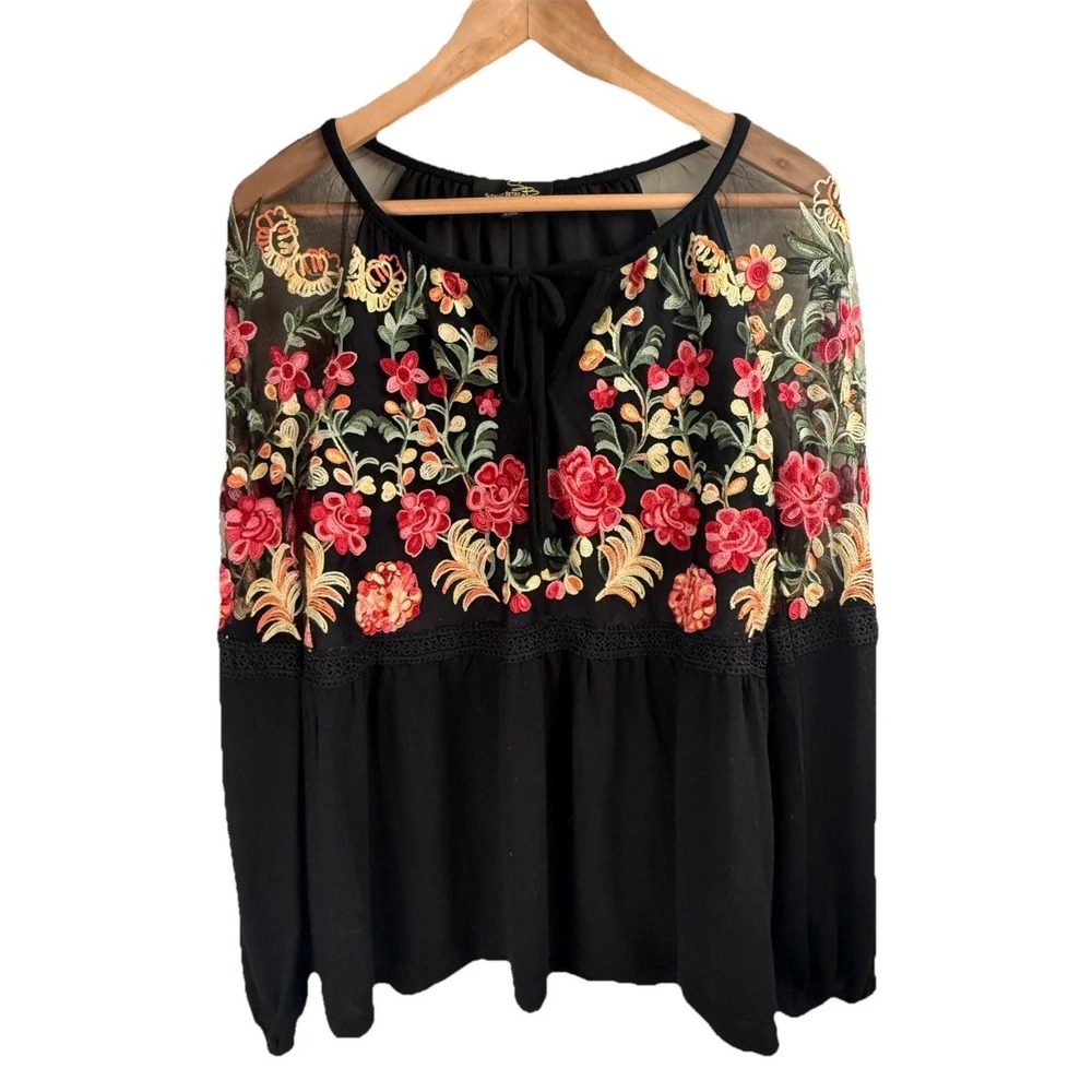 Women's Floral Heavily Embroidered Black Top Suzanne Betro SM Bohemian Cottage